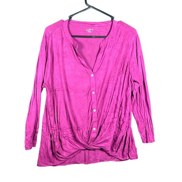LOFT Outlet Womens Shirt Purple V Neck Front Twist Pullover Stretch Large - Picture 1 of 12